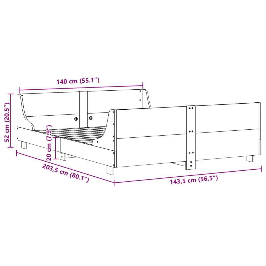 Sängram utan madrass vit 140x200 cm massiv furu