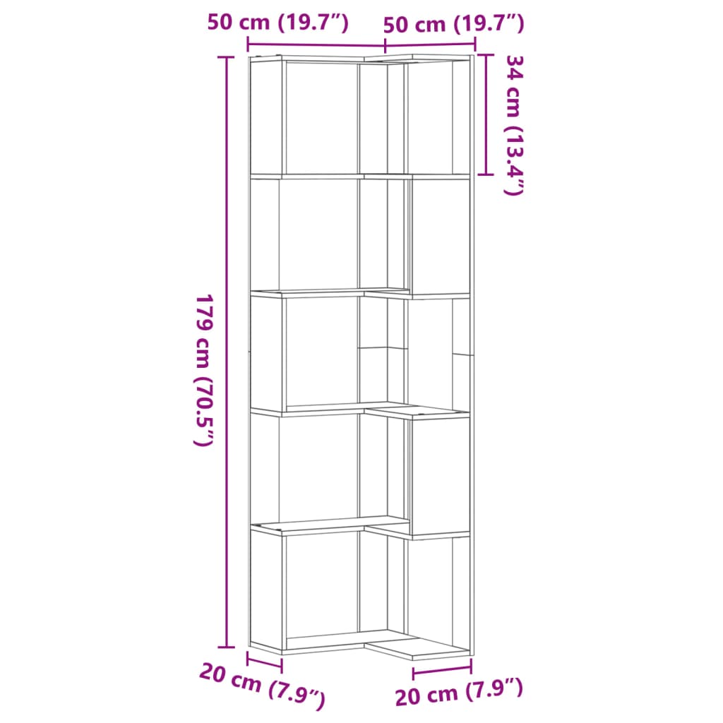 Bokhylla hörn 5 hyllplan vit 50x50x179 cm konstruerat trä