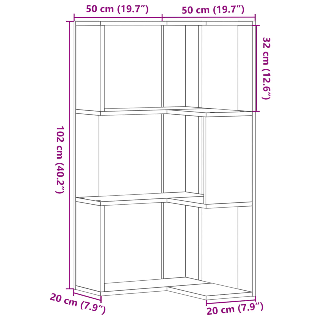 Bokhylla hörn 3 hyllplan ek 50x50x102 cm konstruerat trä