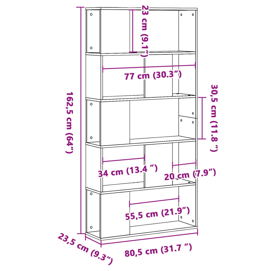 Bokhylla 5 hyllplan vit 80,5x23,5x162,5 cm konstruerat trä