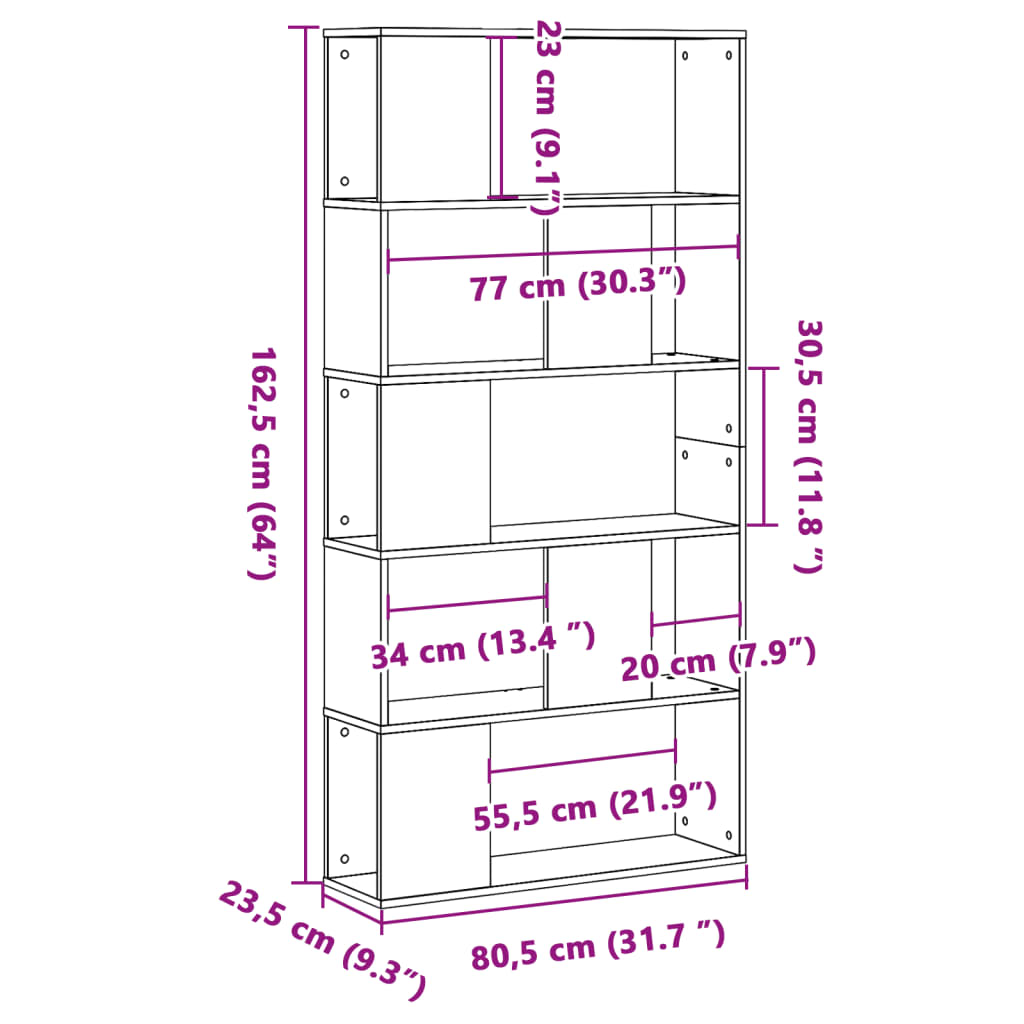 Bokhylla 5 hyllplan sonoma-ek 80,5x23,5x162,5cm konstruerat trä