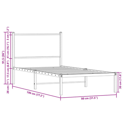 Sängram utan madrass metall rökfärgad ek 75x190 cm