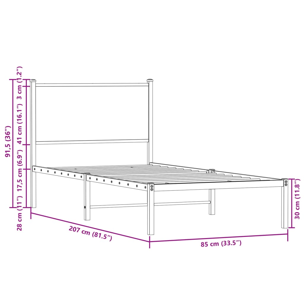 Sängram utan madrass metall rökfärgad ek 80x200 cm