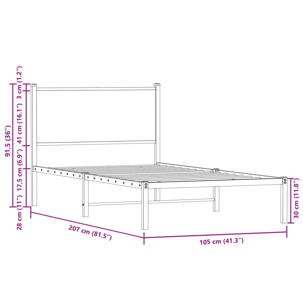 Sängram utan madrass metall rökfärgad ek 100x200 cm