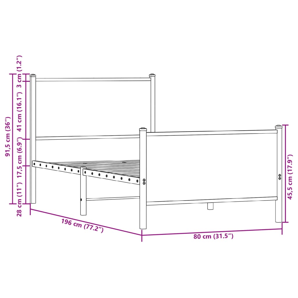 Sängram utan madrass metall rökfärgad ek 75x190 cm