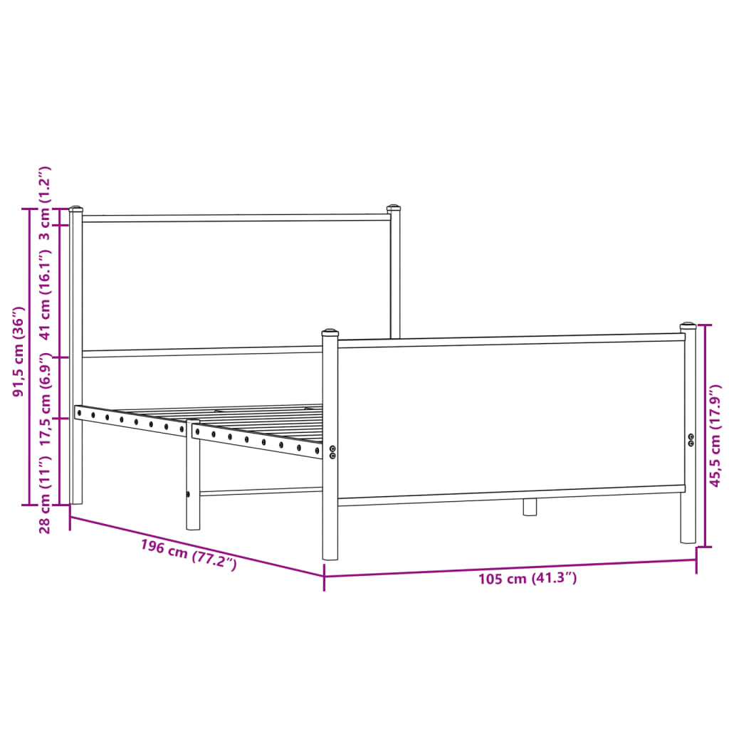 Sängram utan madrass metall rökfärgad ek 100x190 cm