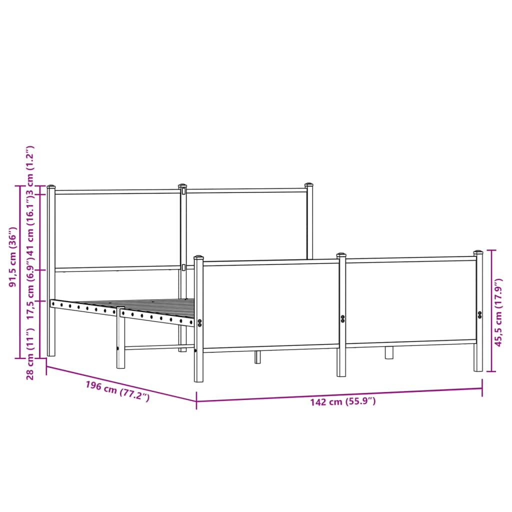 Sängram utan madrass metall rökfärgad ek 137x190 cm