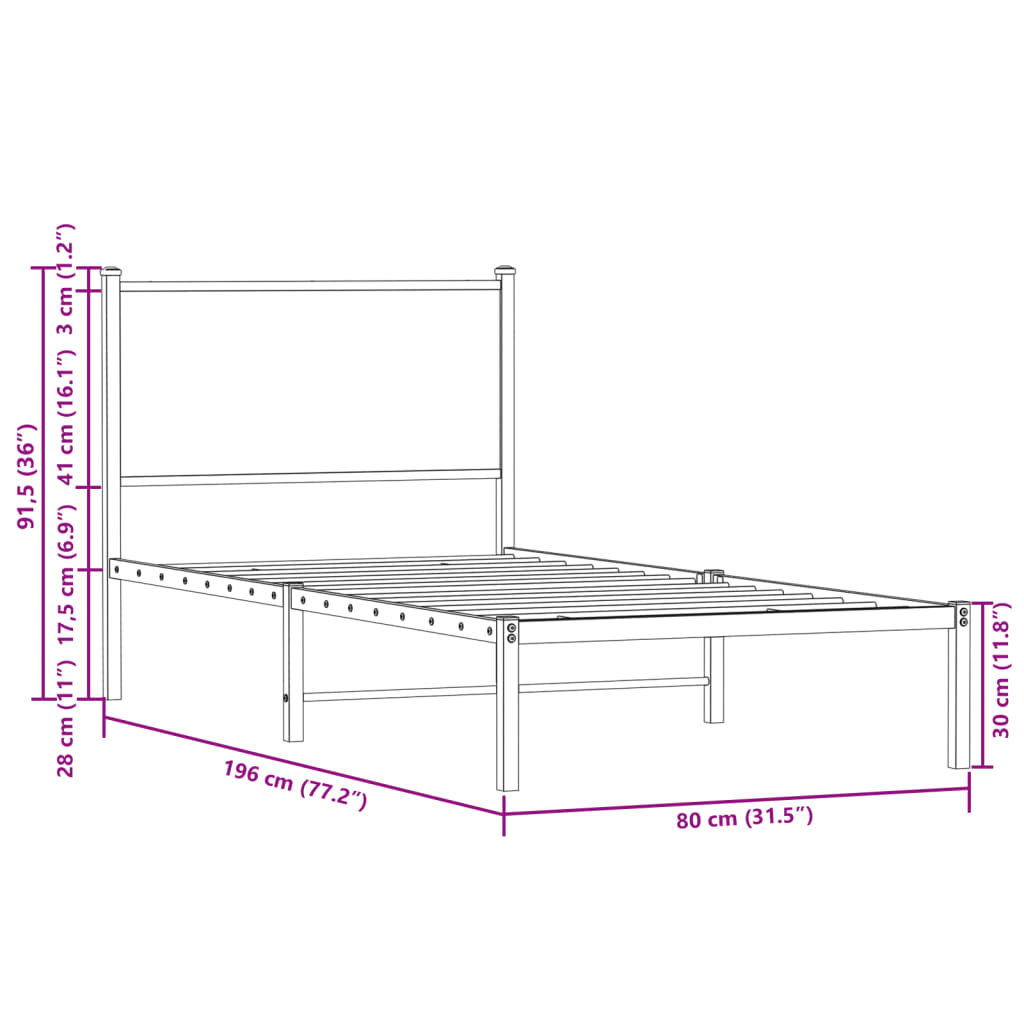 Sängram utan madrass metall sonoma-ek 75x190 cm