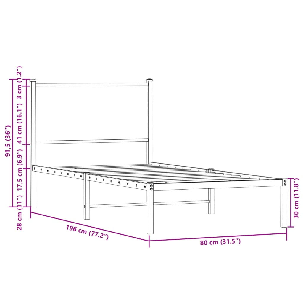 Sängram utan madrass metall brun ek 75x190 cm