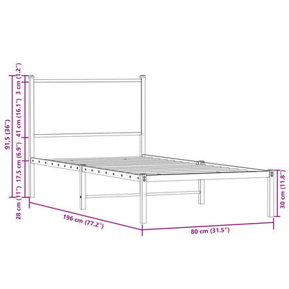 Sängram utan madrass metall brun ek 75x190 cm