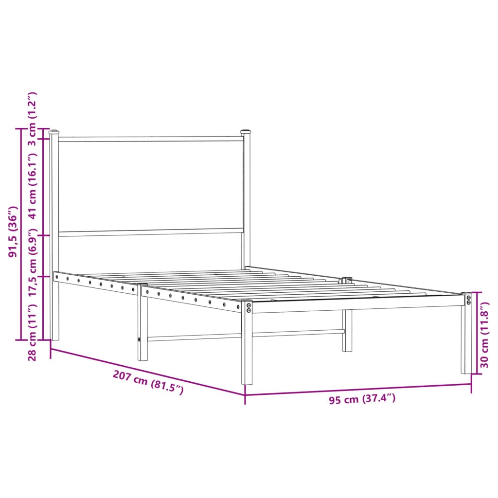 Sängram utan madrass metall brun ek 90x200 cm