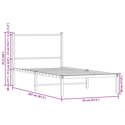 Sängram utan madrass metall brun ek 90x200 cm