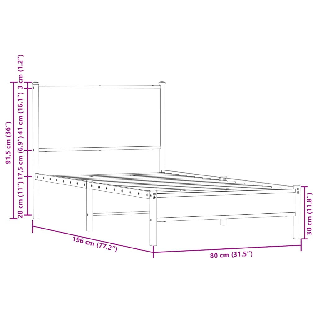 Sängram utan madrass metall rökfärgad ek 75x190 cm