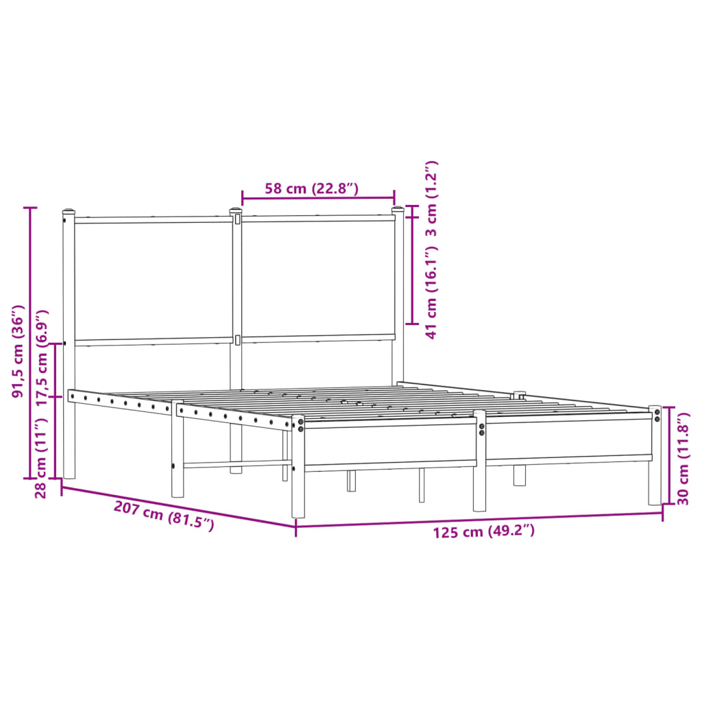 Sängram utan madrass metall rökfärgad ek 120x200 cm