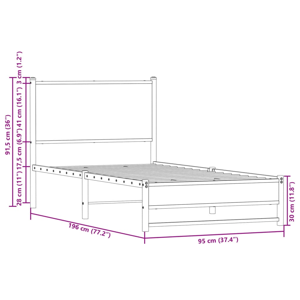 Sängram utan madrass metall rökfärgad ek 90x190 cm