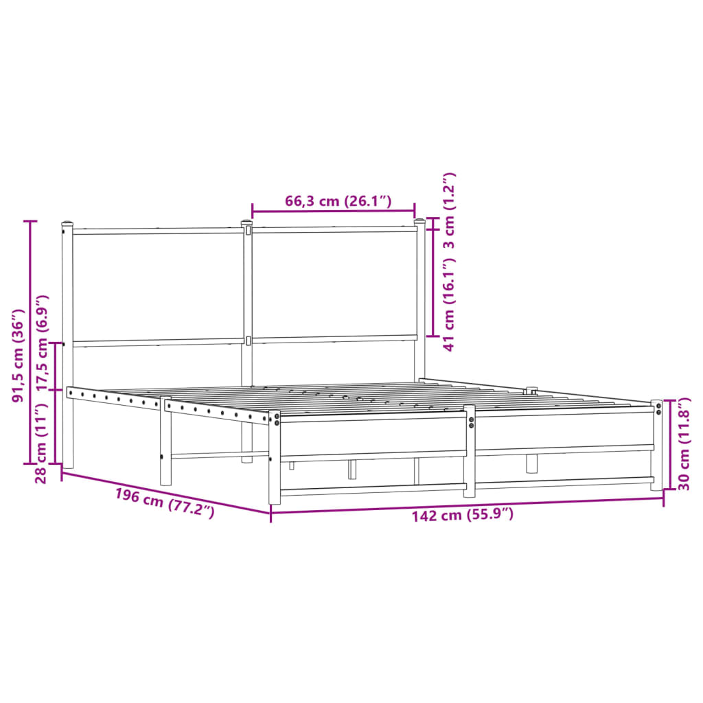 Sängram utan madrass metall rökfärgad ek 137x190 cm