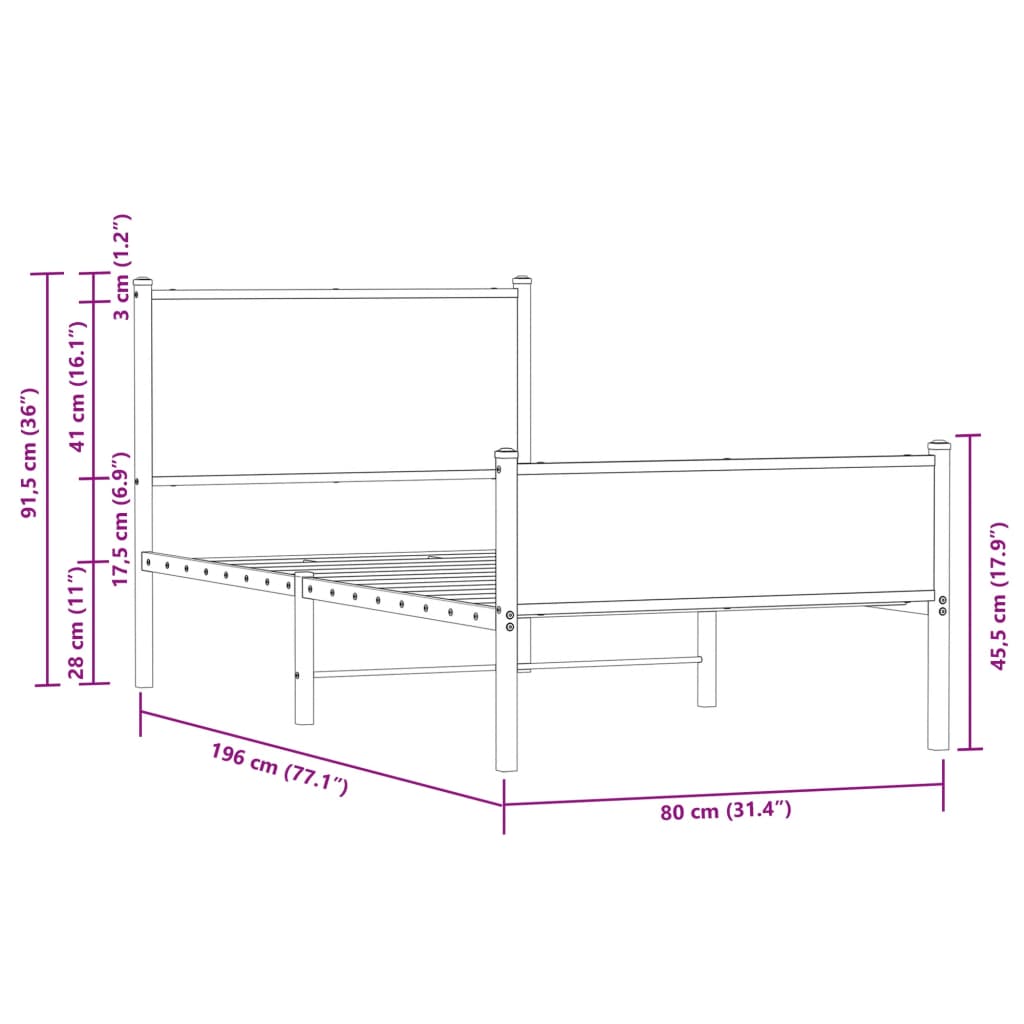 Sängram utan madrass metall rökfärgad ek 75x190 cm