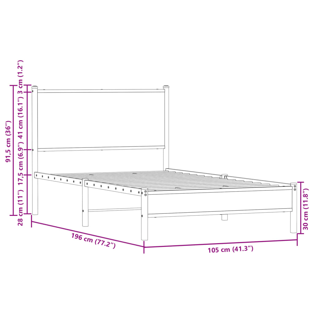 Sängram utan madrass metall sonoma-ek 100x190 cm