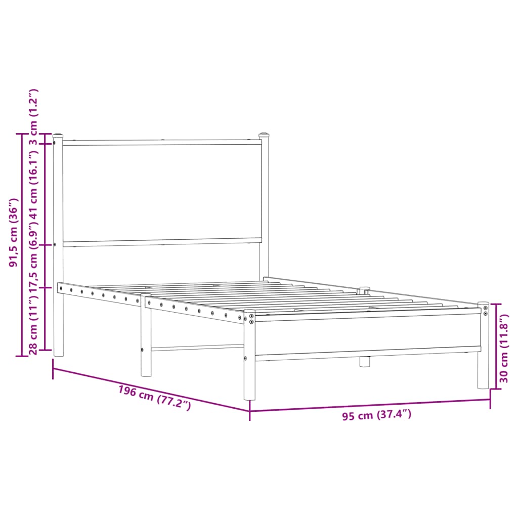 Sängram utan madrass metall brun ek 90x190 cm