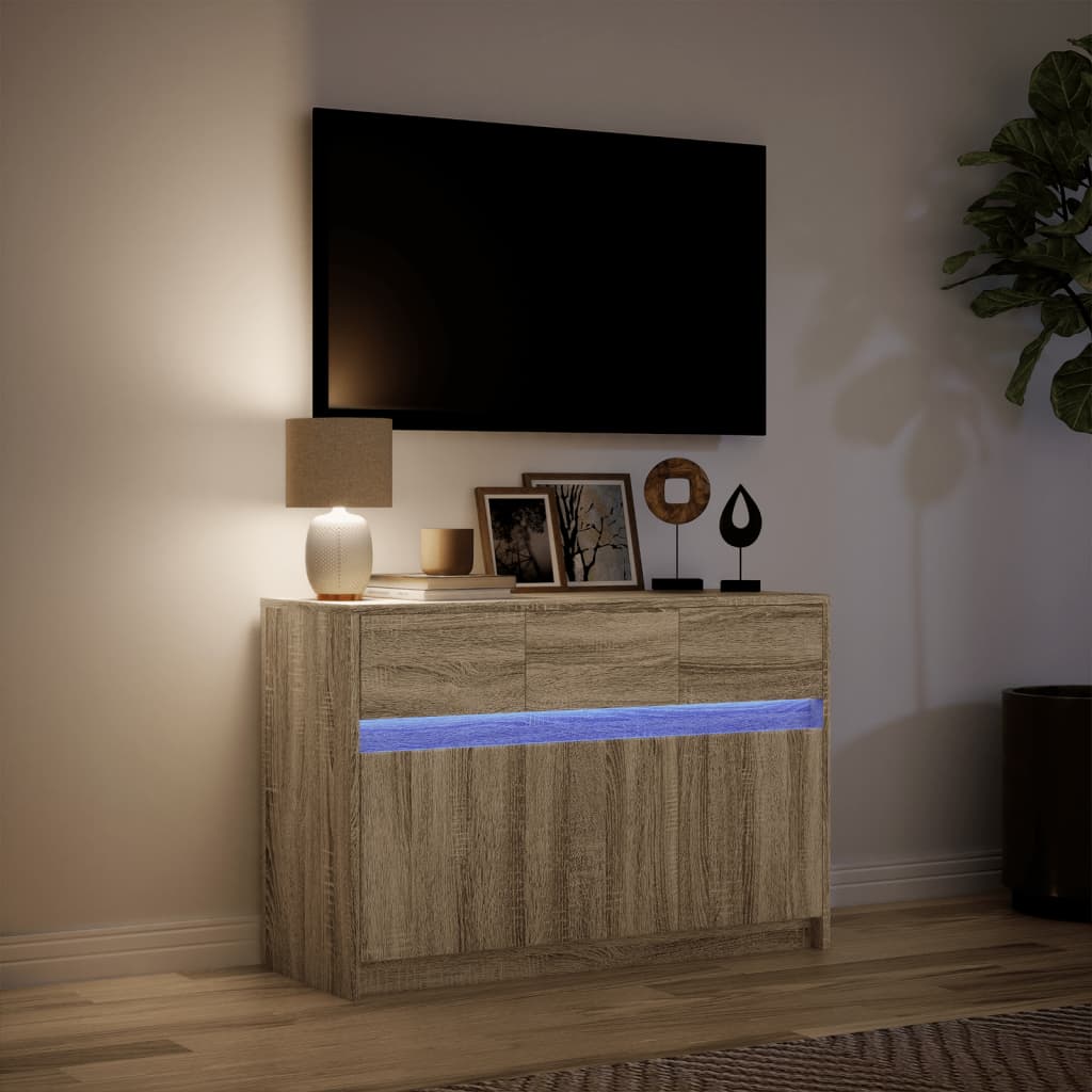 Tv-bänk med LEDs sonoma-ek 91x34x61 cm konstruerat trä