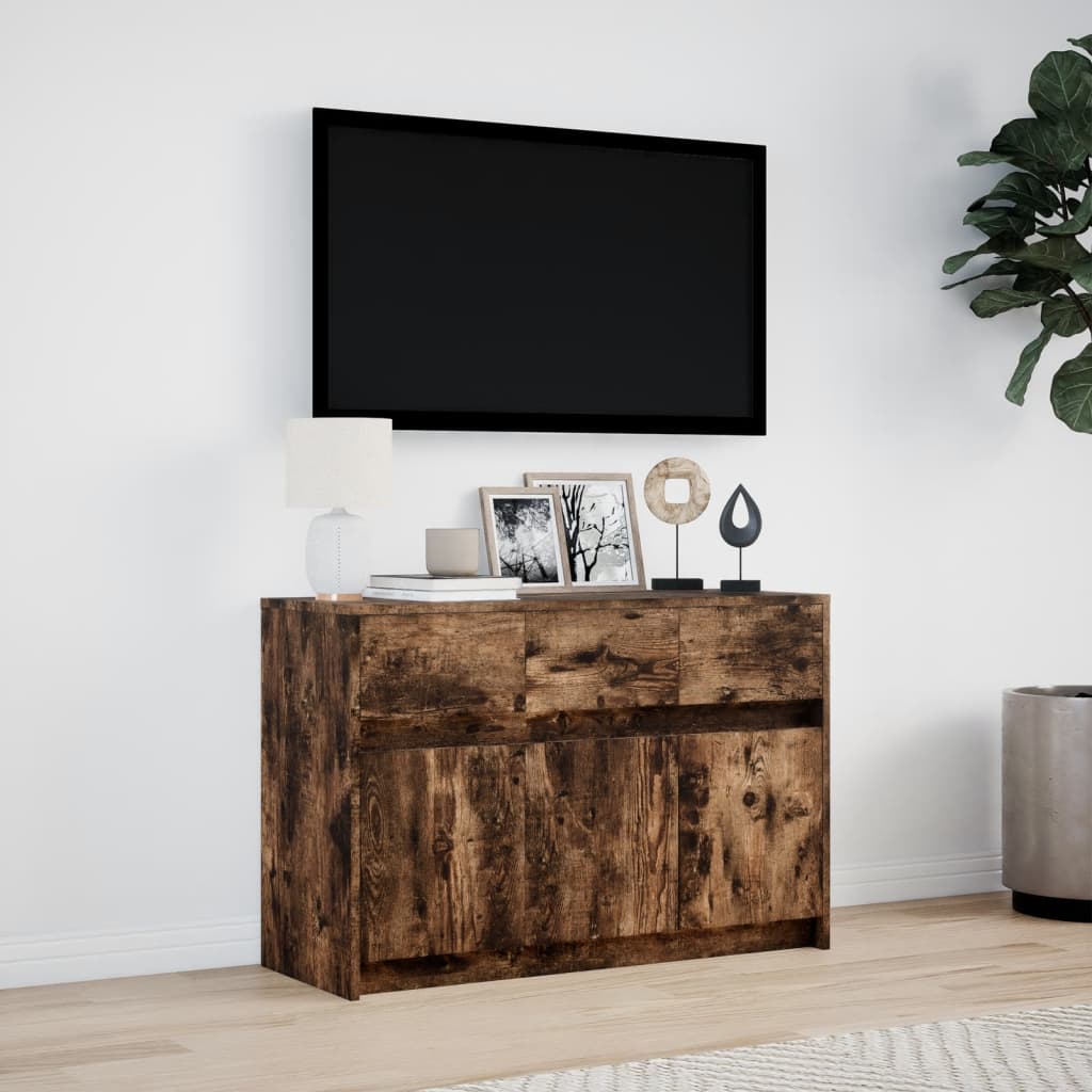 Tv-bänk med LEDs rökfärgad ek 91x34x61 cm konstruerat trä