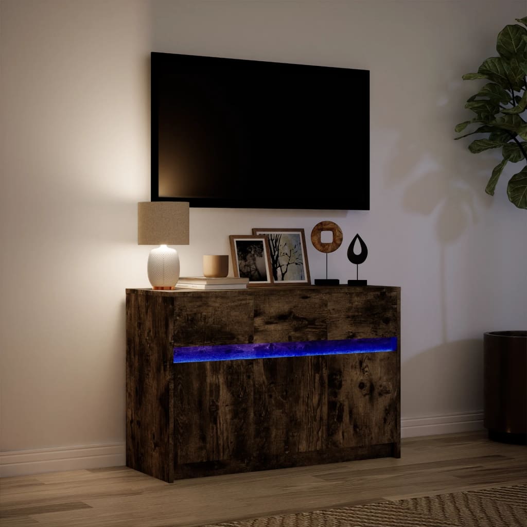 Tv-bänk med LEDs rökfärgad ek 91x34x61 cm konstruerat trä