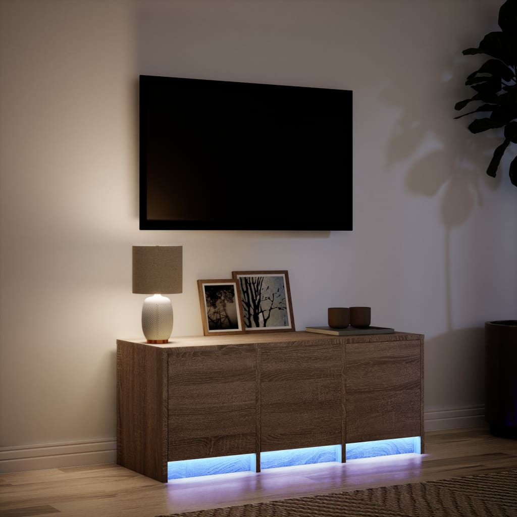 Tv-bänk med LEDs brun ek 97x34x40 cm konstruerat trä