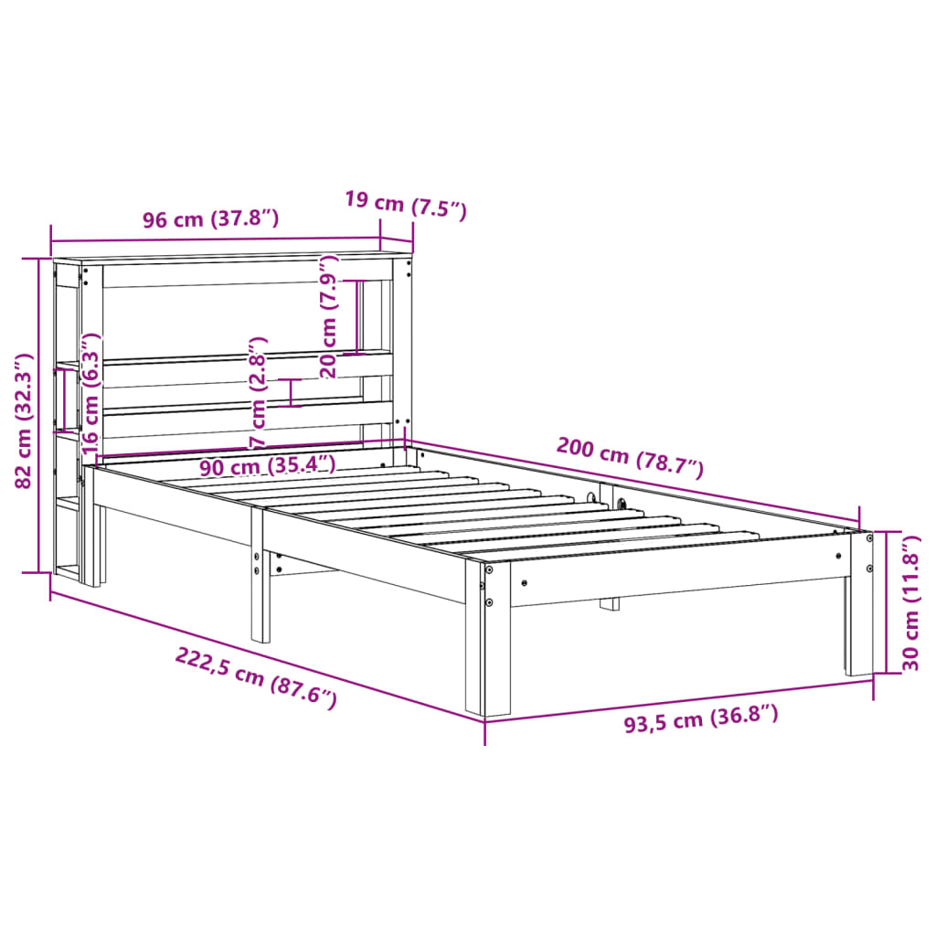 Sängram utan madrass vaxad brun 90x200 cm massiv furu