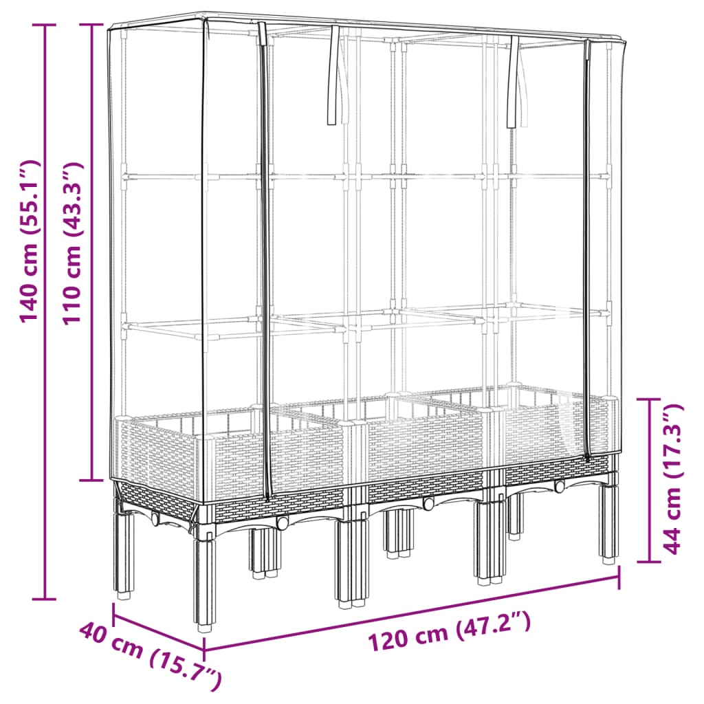 Odlingslåda med växthusöverdrag rottinglook 120x40x140 cm