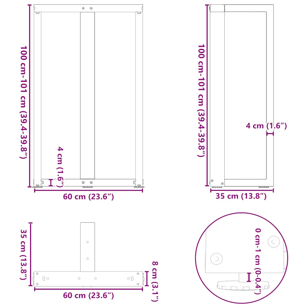 Barbordsben T-formad 2 st vit 60x35x(100-101) cm stål