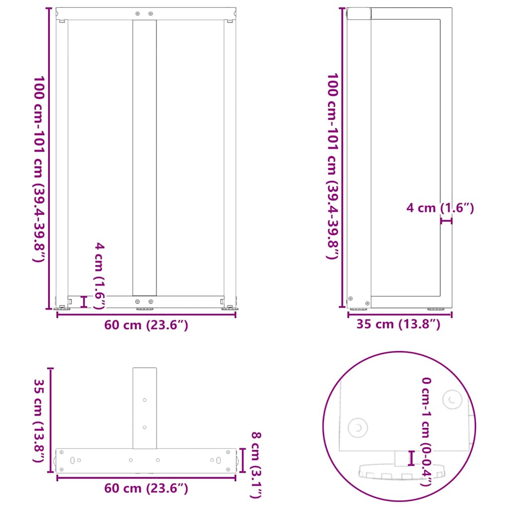 Barbordsben T-formad 2 st antracit 60x35x(100-101) cm stål