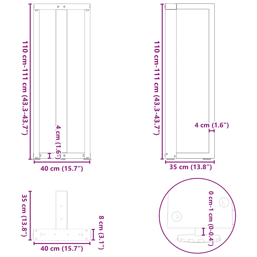 Barbordsben T-formad 2 st vit 40x35x(110-111) cm stål