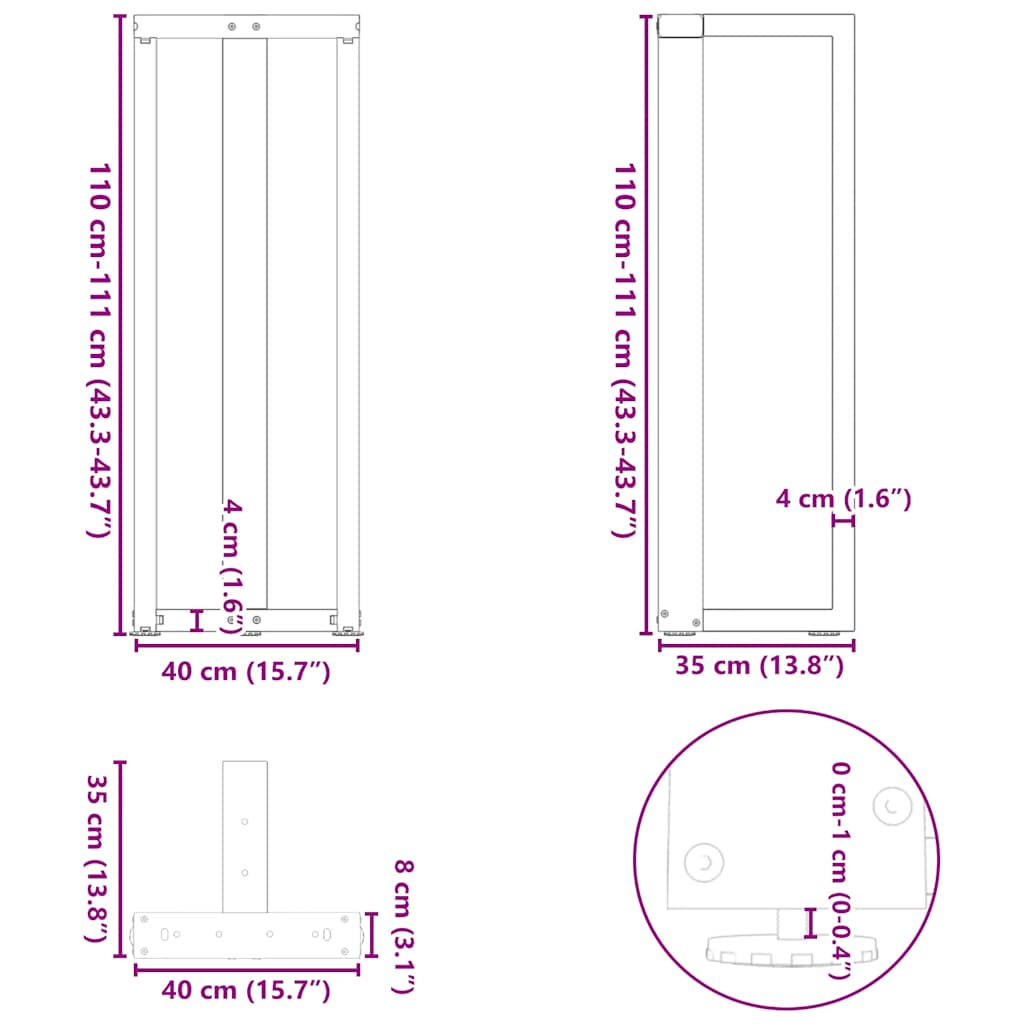 Barbordsben T-formad 2 st naturstål 40x35x(110-111) cm stål