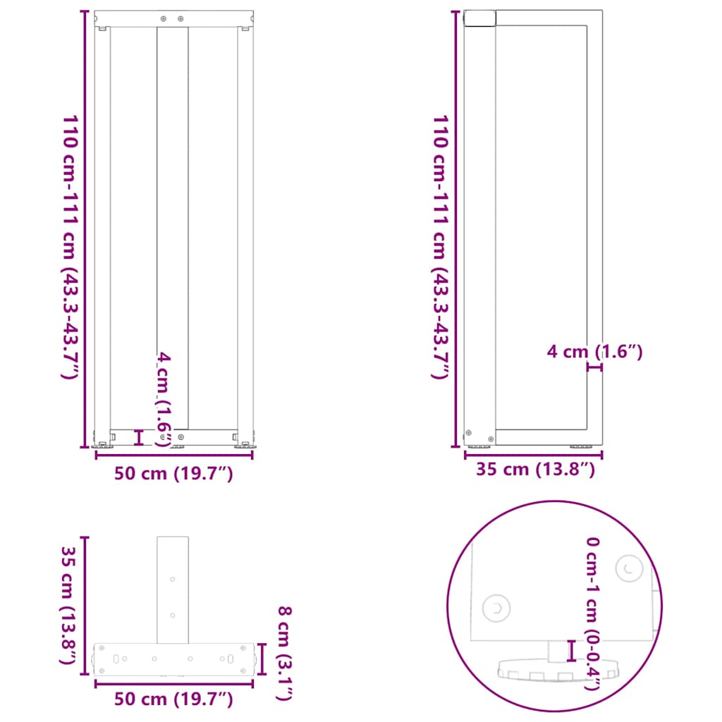 Barbordsben T-formad 2 st vit 50x35x(110-111) cm stål