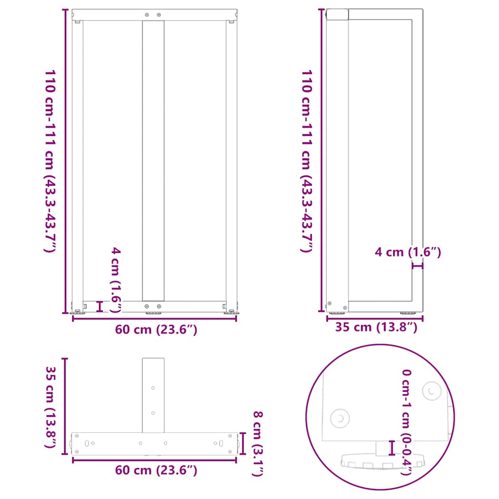 Barbordsben T-formad 2 st vit 60x35x(110-111) cm stål