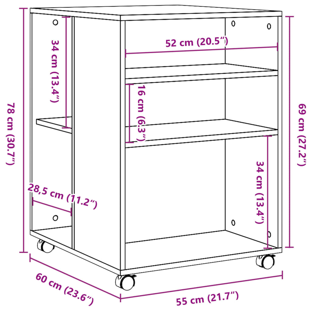 Sidobord med hjul rökfärgad ek 55x60x78 cm konstruerat trä