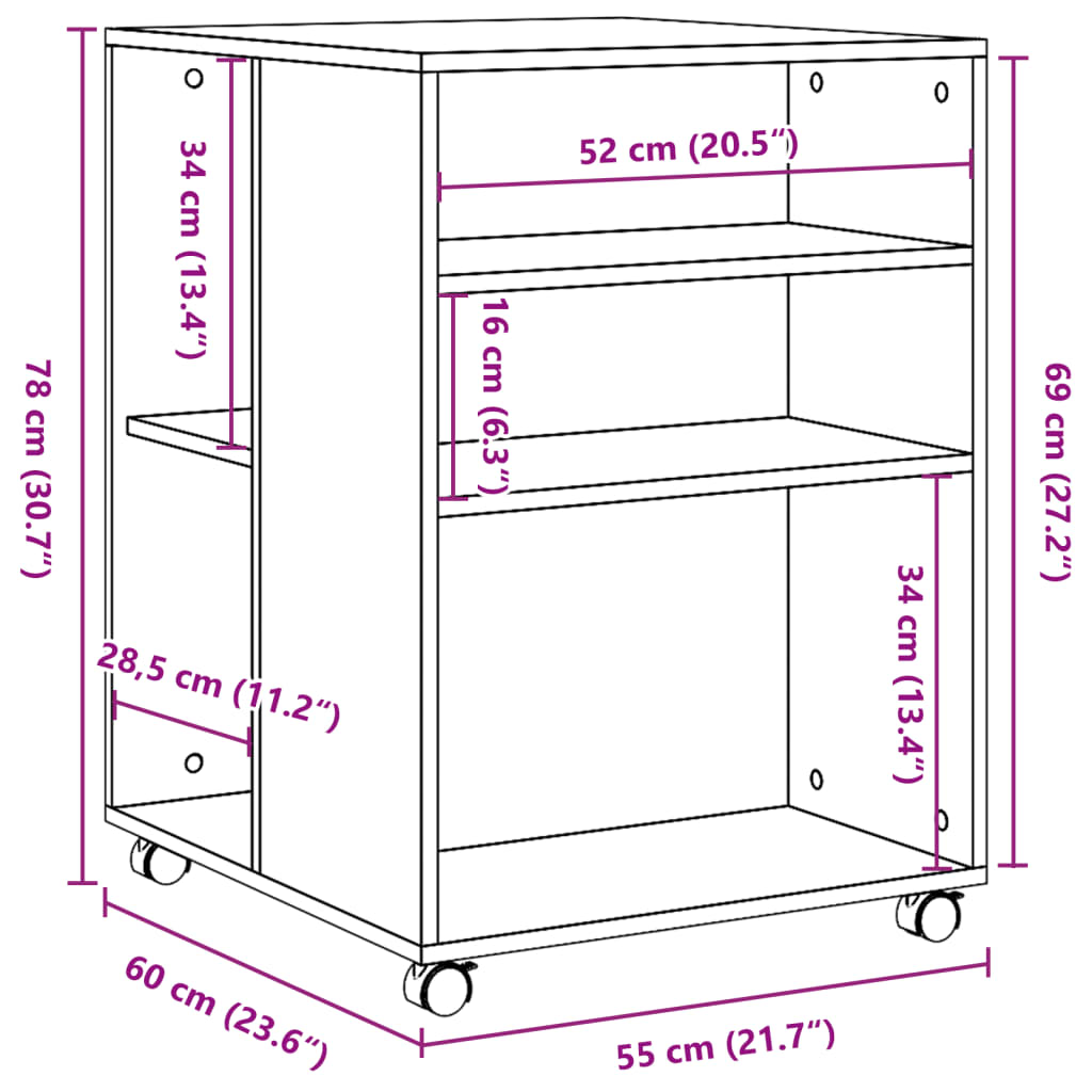 Sidobord med hjul ek 55x60x78 cm konstruerat trä