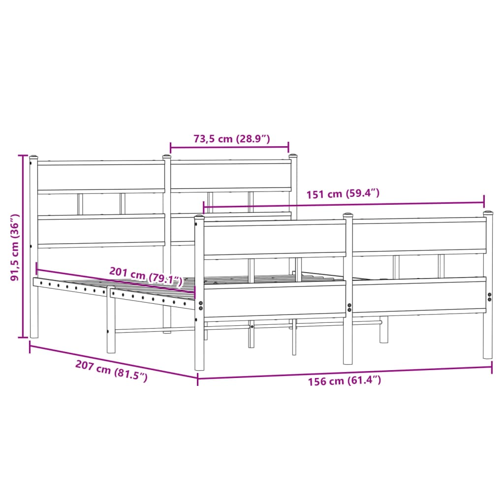 Sängram utan madrass metall rökfärgad ek 150x200 cm