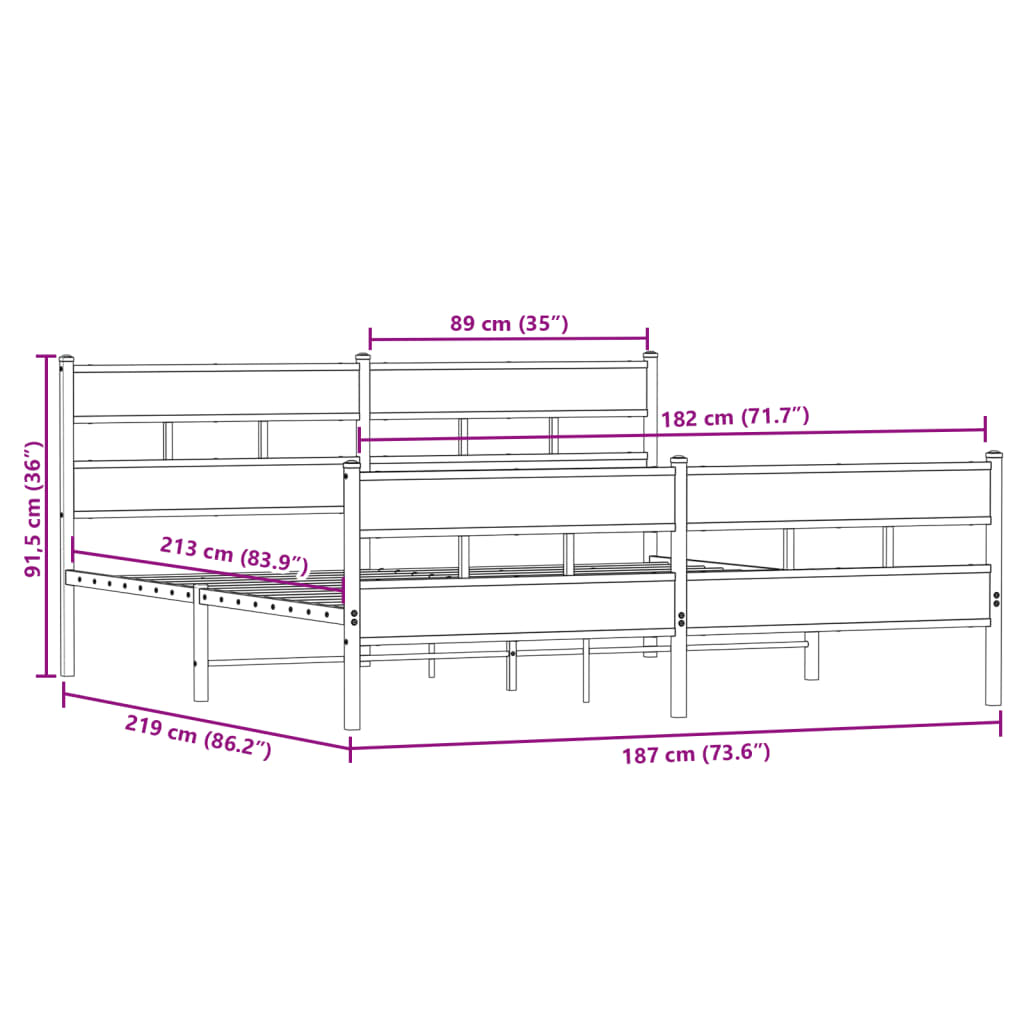 Sängram utan madrass metall rökfärgad ek 183x213 cm