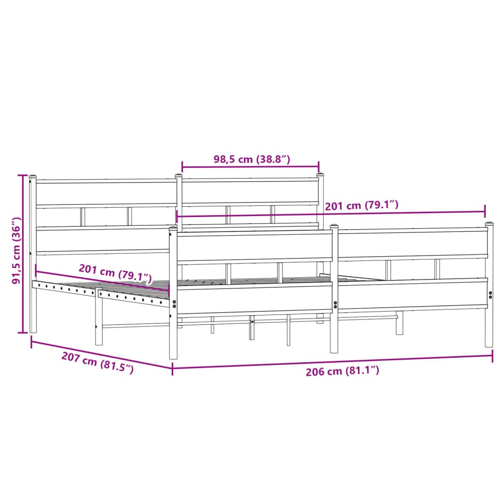 Sängram utan madrass metall sonoma-ek 200x200 cm