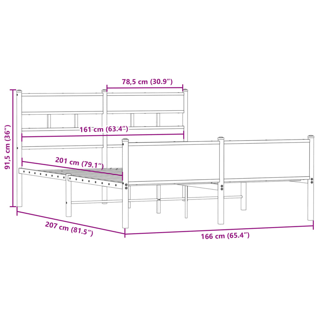 Sängram utan madrass metall rökfärgad ek 160x200 cm