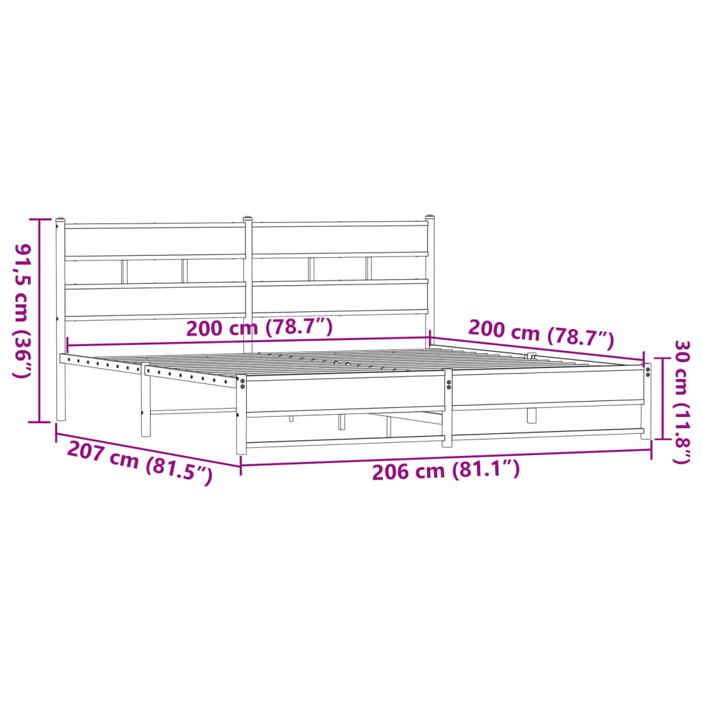 Sängram utan madrass metall brun ek 200x200 cm