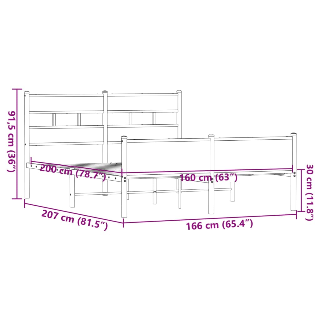 Sängram utan madrass metall brun ek 160x200 cm