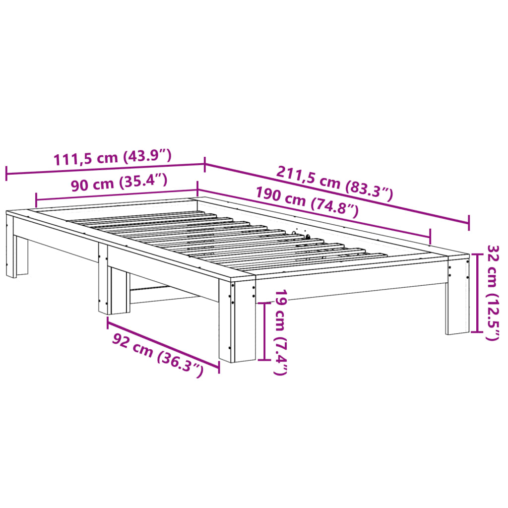 Sängram utan madrass vaxad brun 90x190 cm massiv furu