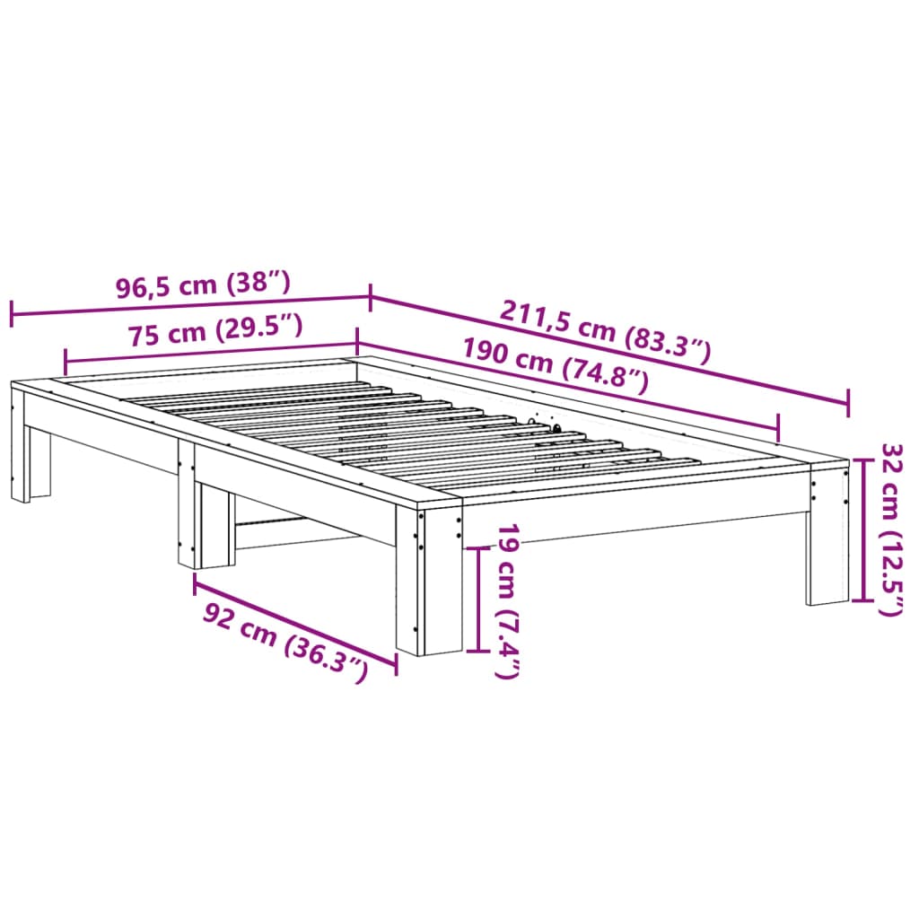 Sängram utan madrass 75x190 cm massiv furu