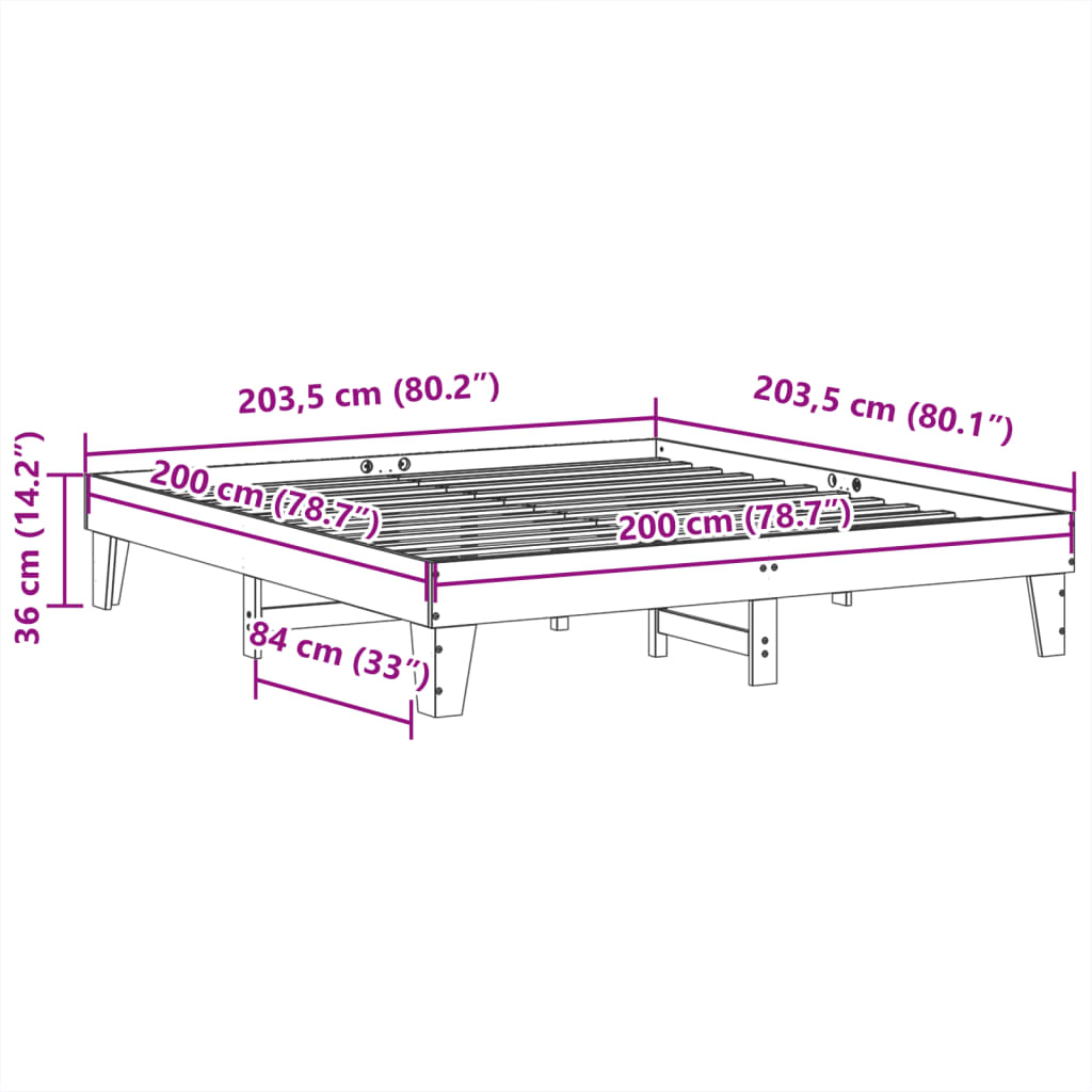 Sängram utan madrass 200x200 cm massiv furu