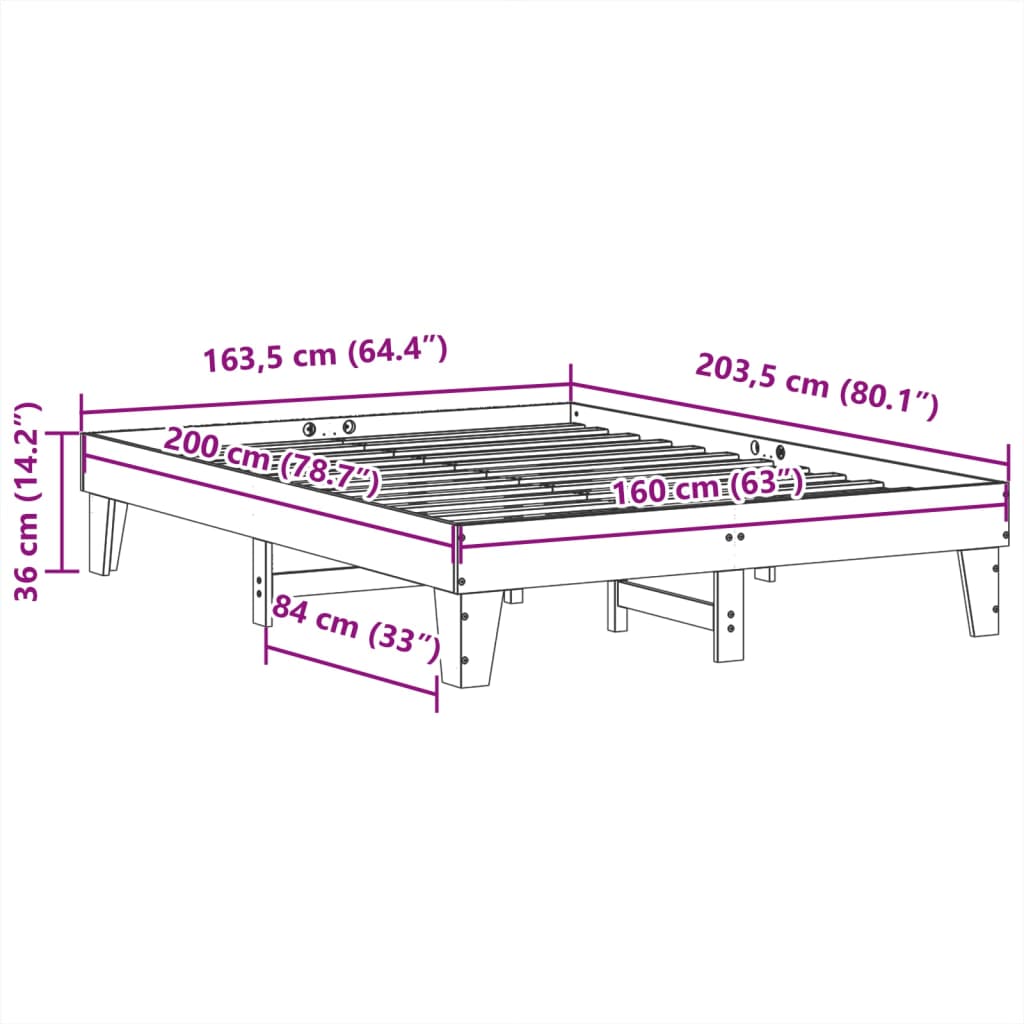 Sängram utan madrass 160x200 cm massiv furu