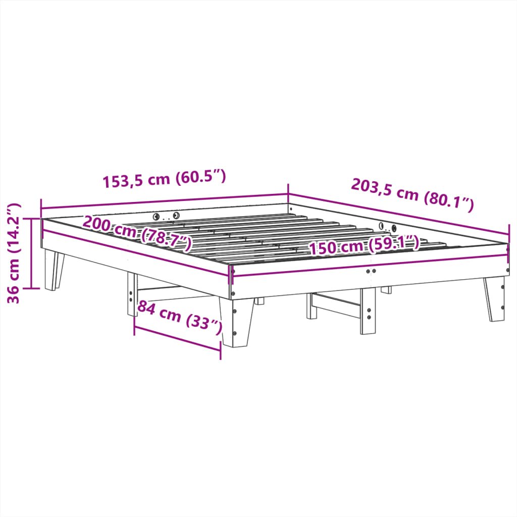 Sängram utan madrass 150x200 cm massiv furu