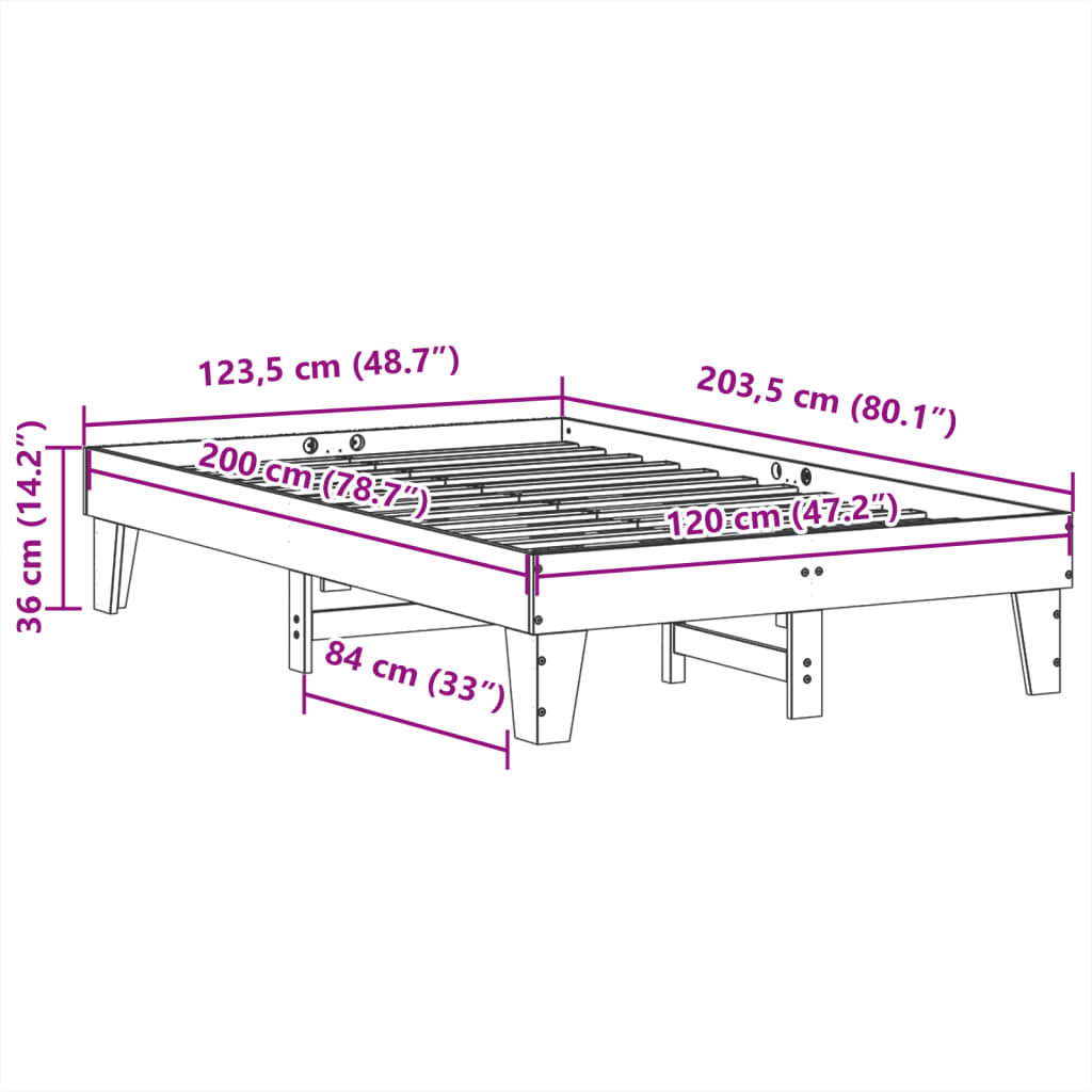 Sängram utan madrass vit 120x200 cm massiv furu