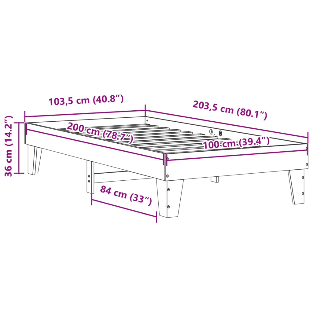 Sängram utan madrass 100x200 cm massiv furu